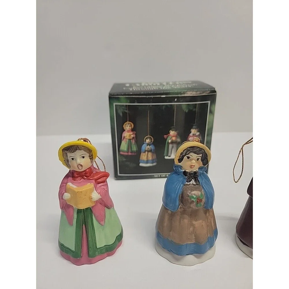4 Vintage Village Carollers Porcelain Bisque Ornaments Hand‎ Painted Bells JSNY
